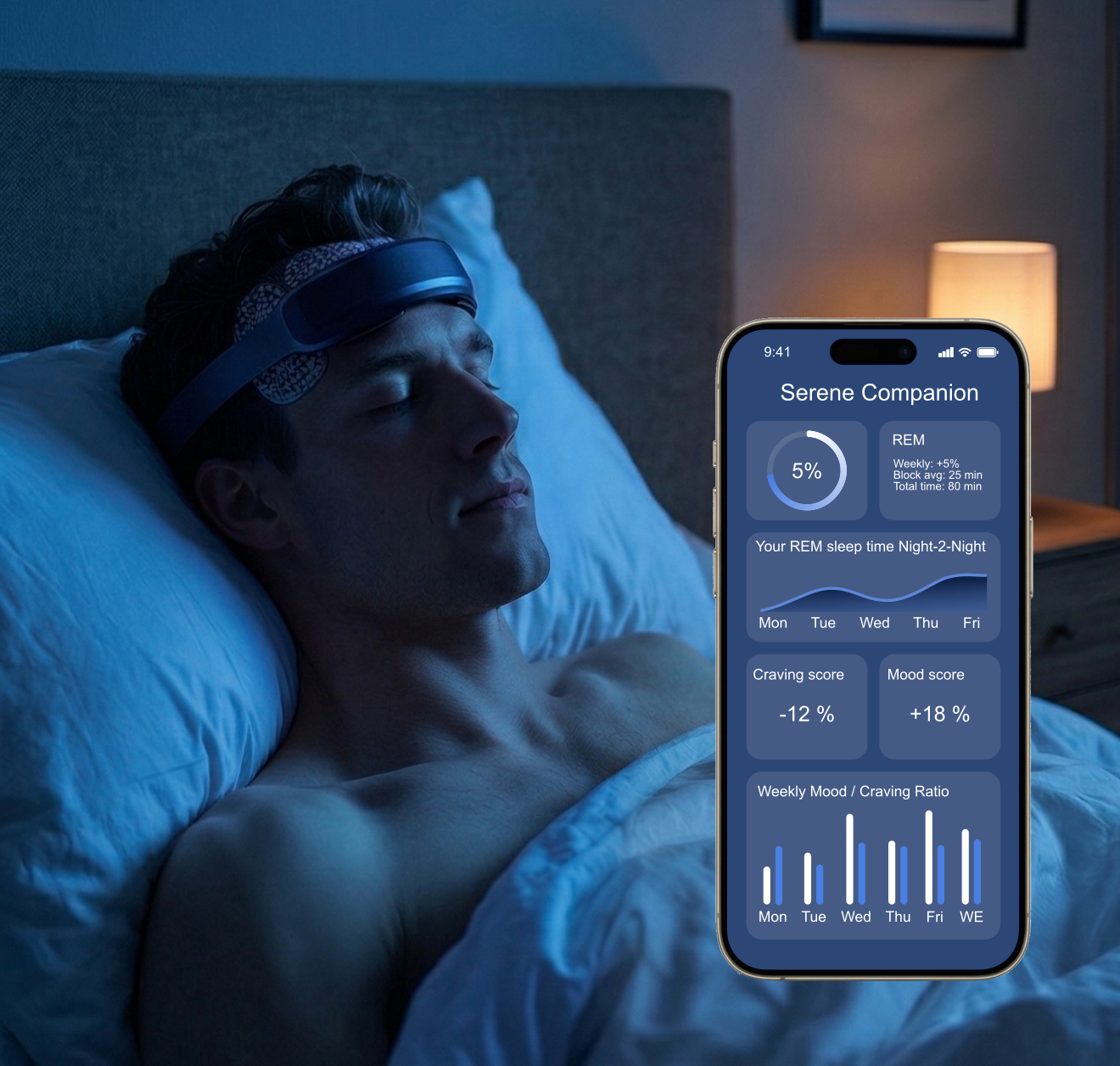 Person wearing NeuroPrism TI headband with app interface