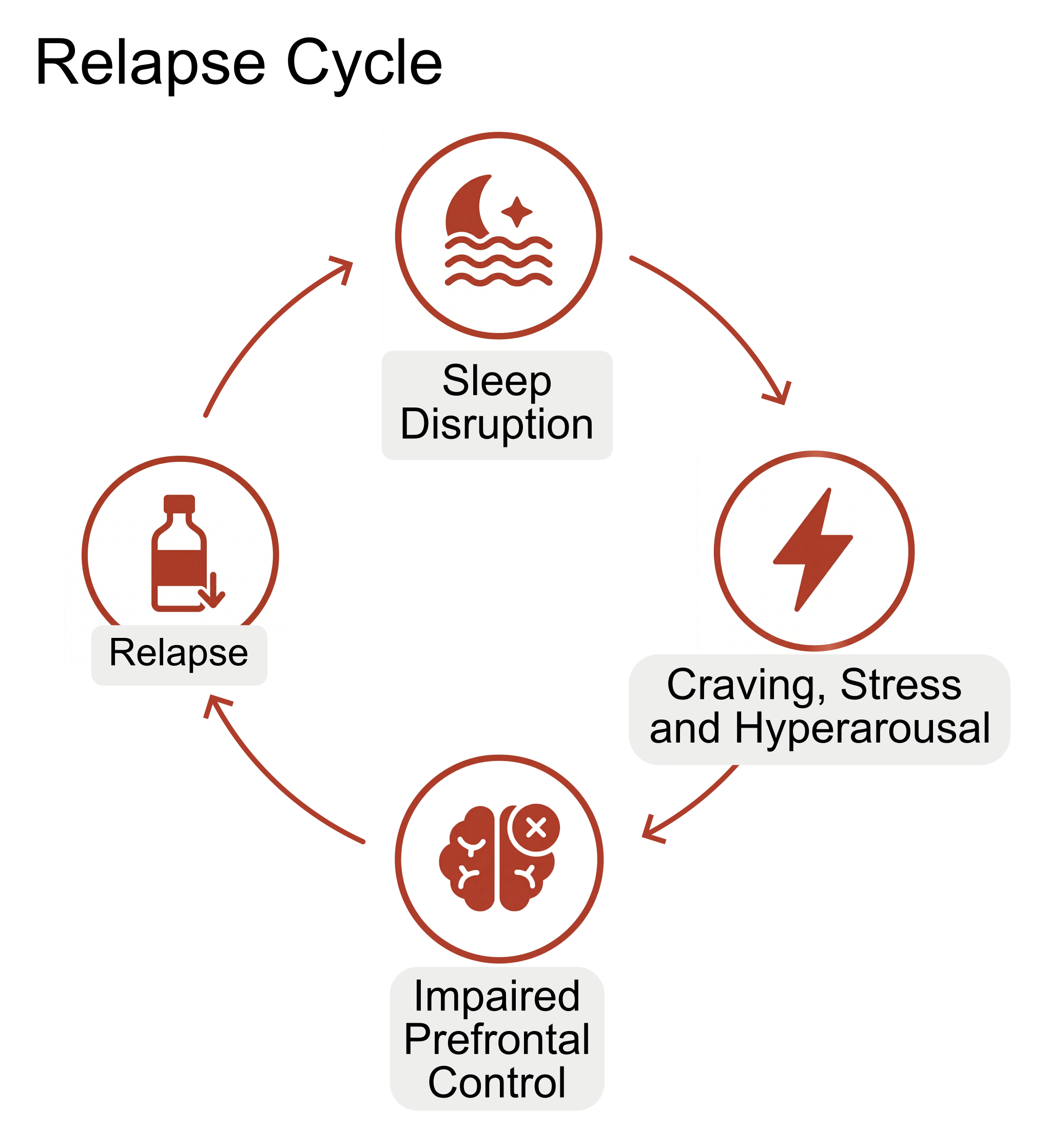AUD relapse cycle infographic showing craving, drinking, guilt, and withdrawal stages
